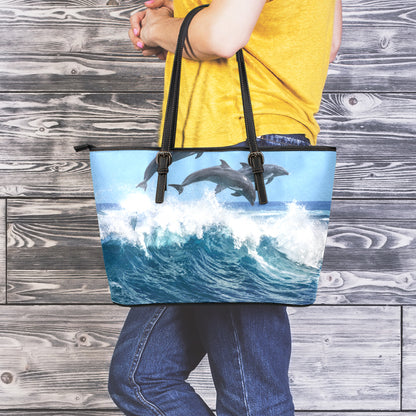 Dolphins Jumping Over Waves Print Leather Tote Bag