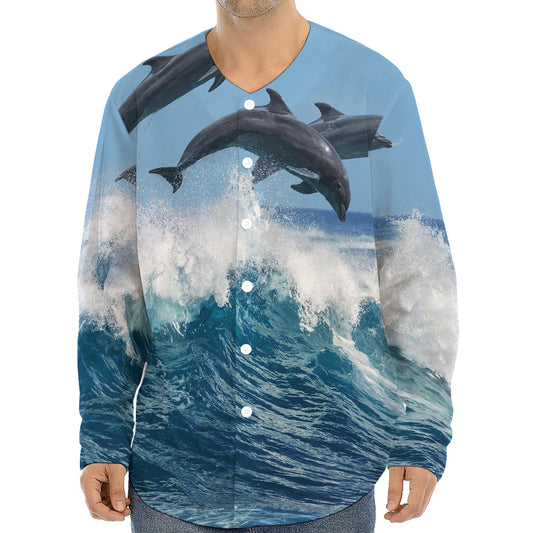 Dolphins Jumping Over Waves Print Long Sleeve Baseball Jersey