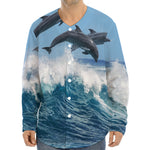 Dolphins Jumping Over Waves Print Long Sleeve Baseball Jersey