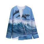 Dolphins Jumping Over Waves Print Long Sleeve Short Coat