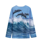 Dolphins Jumping Over Waves Print Long Sleeve Short Coat