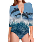 Dolphins Jumping Over Waves Print Long Sleeve Swimsuit