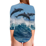 Dolphins Jumping Over Waves Print Long Sleeve Swimsuit
