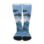 Dolphins Jumping Over Waves Print Long Socks