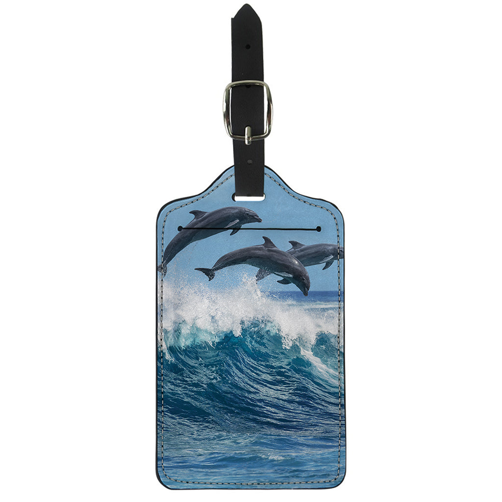 Dolphins Jumping Over Waves Print Luggage Tag