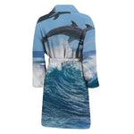 Dolphins Jumping Over Waves Print Men's Bathrobe