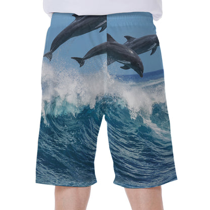 Dolphins Jumping Over Waves Print Men's Beach Shorts