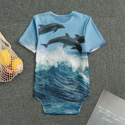 Dolphins Jumping Over Waves Print Men's Bodysuit