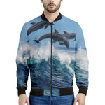 Dolphins Jumping Over Waves Print Men's Bomber Jacket