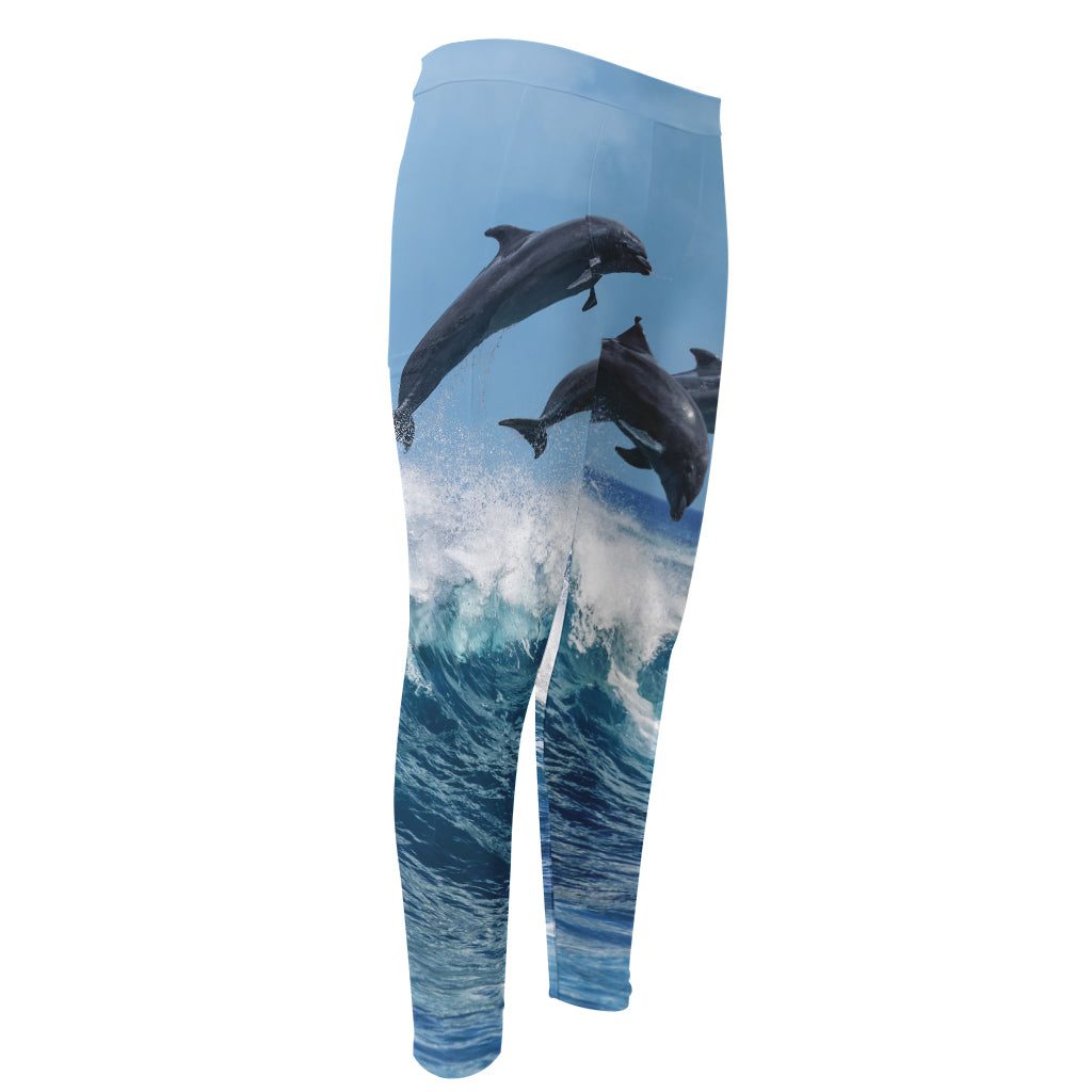 Dolphins Jumping Over Waves Print Men's Compression Pants