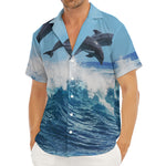 Dolphins Jumping Over Waves Print Men's Deep V-Neck Shirt
