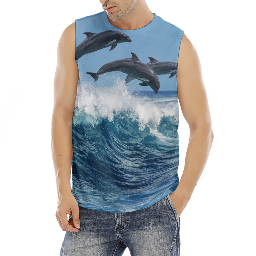 Dolphins Jumping Over Waves Print Men's Fitness Tank Top