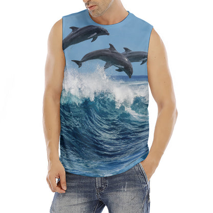Dolphins Jumping Over Waves Print Men's Fitness Tank Top