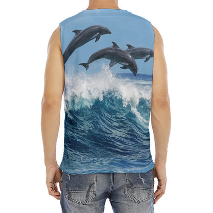 Dolphins Jumping Over Waves Print Men's Fitness Tank Top