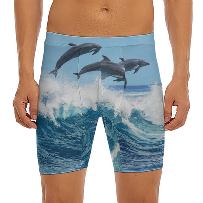 Dolphins Jumping Over Waves Print Men's Long Boxer Briefs