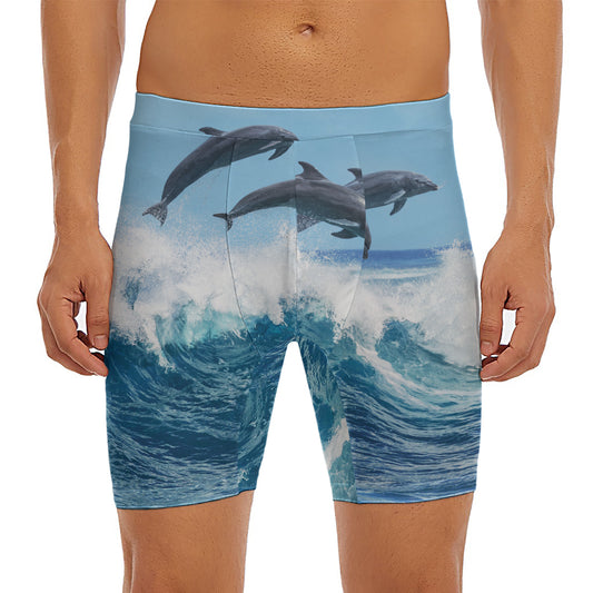 Dolphins Jumping Over Waves Print Men's Long Boxer Briefs