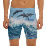 Dolphins Jumping Over Waves Print Men's Long Boxer Briefs