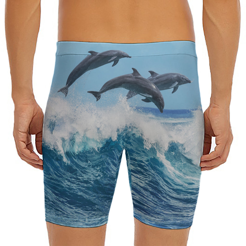 Dolphins Jumping Over Waves Print Men's Long Boxer Briefs