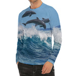 Dolphins Jumping Over Waves Print Men's Long Sleeve Rash Guard
