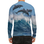 Dolphins Jumping Over Waves Print Men's Long Sleeve Rash Guard