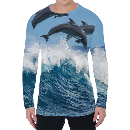 Dolphins Jumping Over Waves Print Men's Long Sleeve T-Shirt