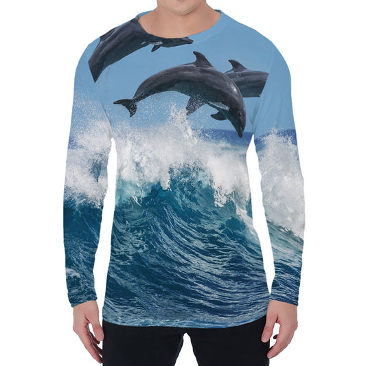 Dolphins Jumping Over Waves Print Men's Long Sleeve T-Shirt