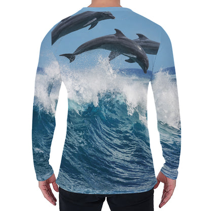Dolphins Jumping Over Waves Print Men's Long Sleeve T-Shirt