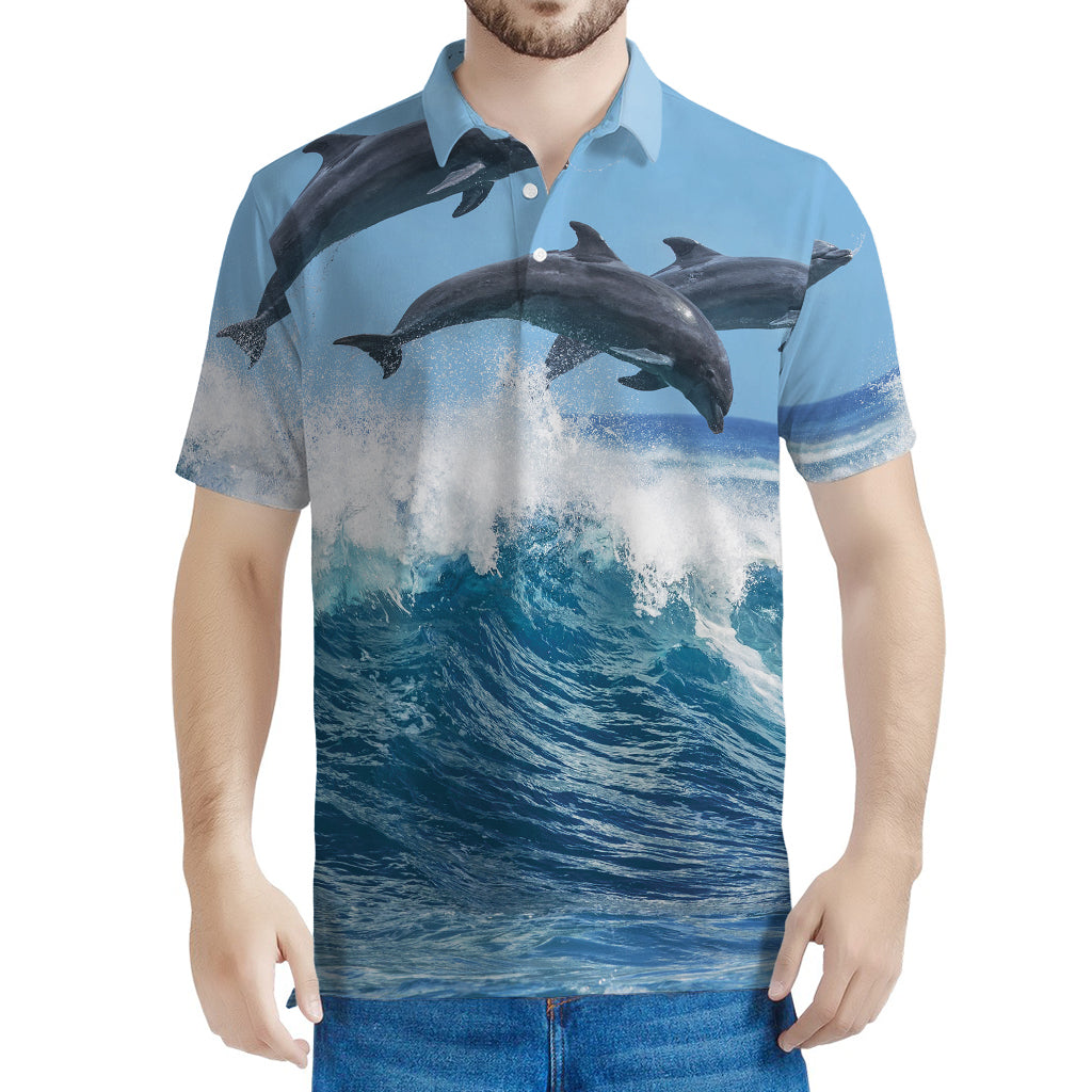Dolphins Jumping Over Waves Print Men's Polo Shirt