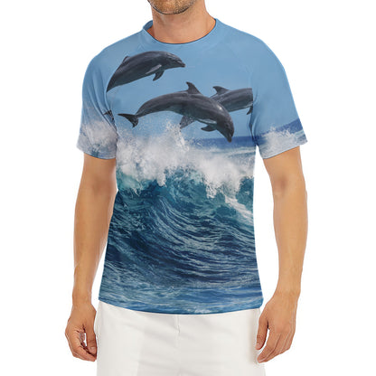 Dolphins Jumping Over Waves Print Men's Short Sleeve Rash Guard