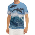Dolphins Jumping Over Waves Print Men's Short Sleeve Rash Guard