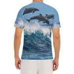 Dolphins Jumping Over Waves Print Men's Short Sleeve Rash Guard