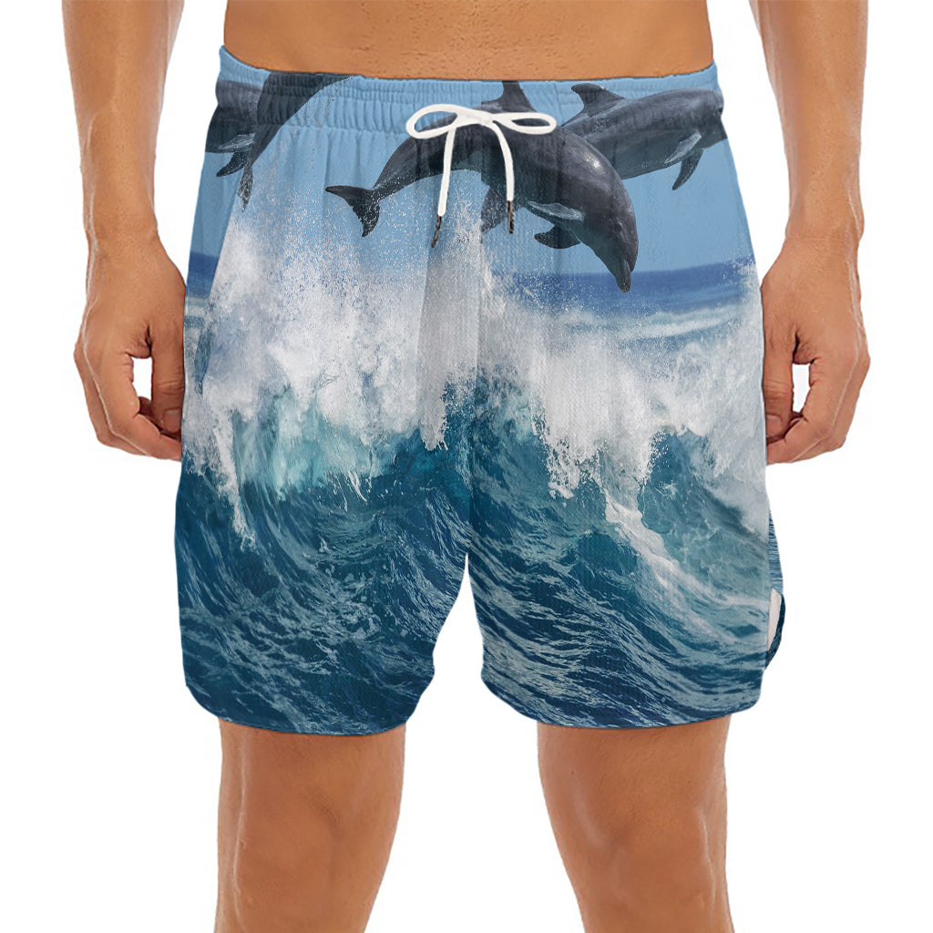 Dolphins Jumping Over Waves Print Men's Split Running Shorts