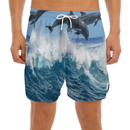 Dolphins Jumping Over Waves Print Men's Split Running Shorts