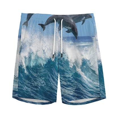 Dolphins Jumping Over Waves Print Men's Sports Shorts