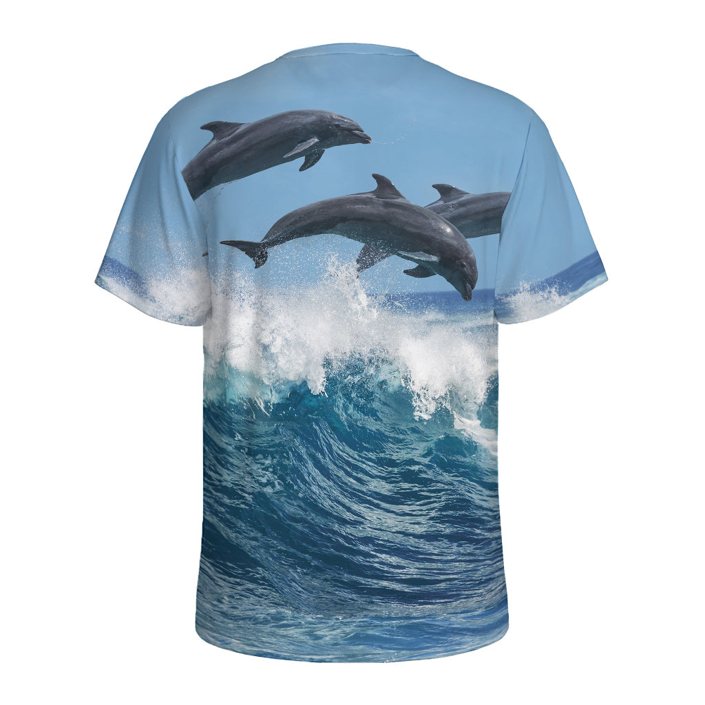 Dolphins Jumping Over Waves Print Men's Sports T-Shirt
