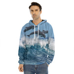 Dolphins Jumping Over Waves Print Men's Velvet Pullover Hoodie