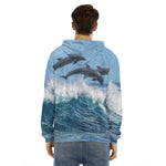 Dolphins Jumping Over Waves Print Men's Velvet Pullover Hoodie
