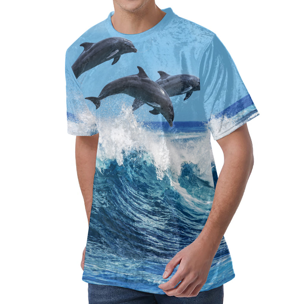Dolphins Jumping Over Waves Print Men's Velvet T-Shirt