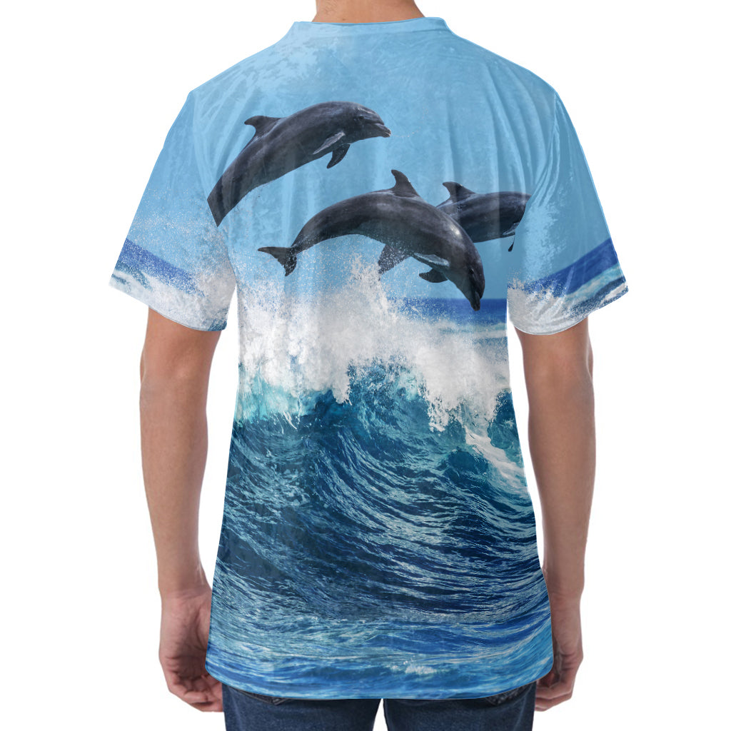 Dolphins Jumping Over Waves Print Men's Velvet T-Shirt