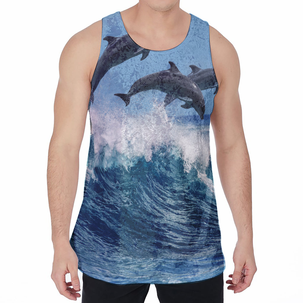 Dolphins Jumping Over Waves Print Men's Velvet Tank Top