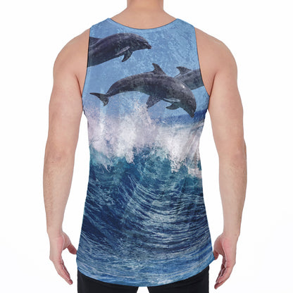 Dolphins Jumping Over Waves Print Men's Velvet Tank Top