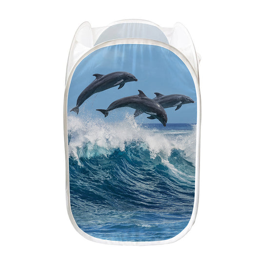 Dolphins Jumping Over Waves Print Mesh Laundry Hamper