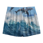 Dolphins Jumping Over Waves Print Mesh Shorts