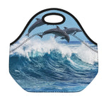 Dolphins Jumping Over Waves Print Neoprene Lunch Bag