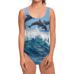 Dolphins Jumping Over Waves Print One Piece Swimsuit
