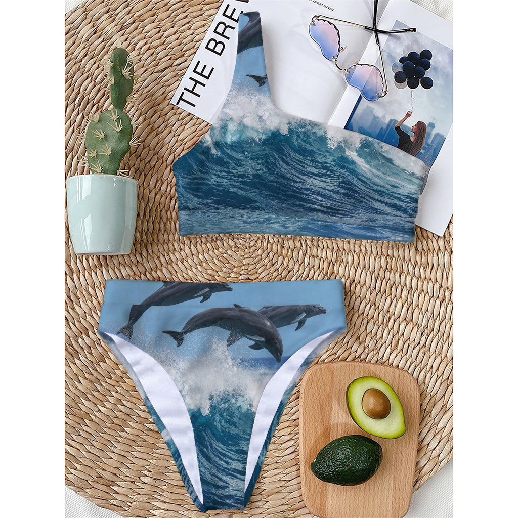 Dolphins Jumping Over Waves Print One Shoulder Bikini Top