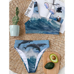 Dolphins Jumping Over Waves Print One Shoulder Bikini Top