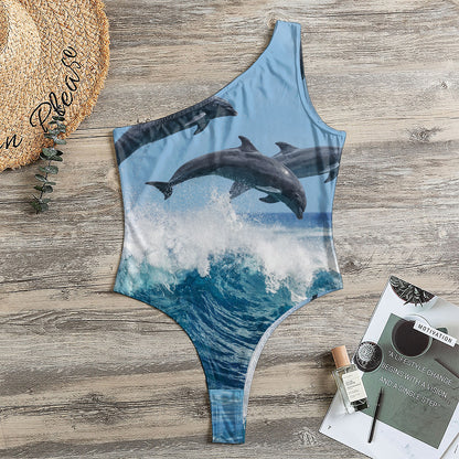 Dolphins Jumping Over Waves Print One Shoulder Bodysuit
