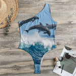 Dolphins Jumping Over Waves Print One Shoulder Bodysuit
