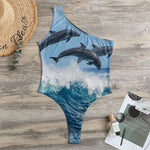 Dolphins Jumping Over Waves Print One Shoulder Bodysuit